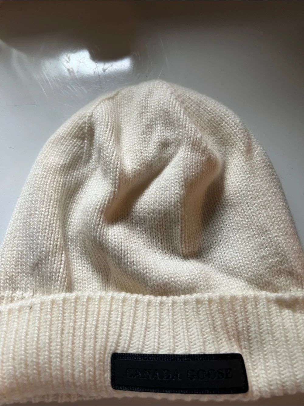 Canada Goose women’s Ivory Merino Beanie with Logo Patch
